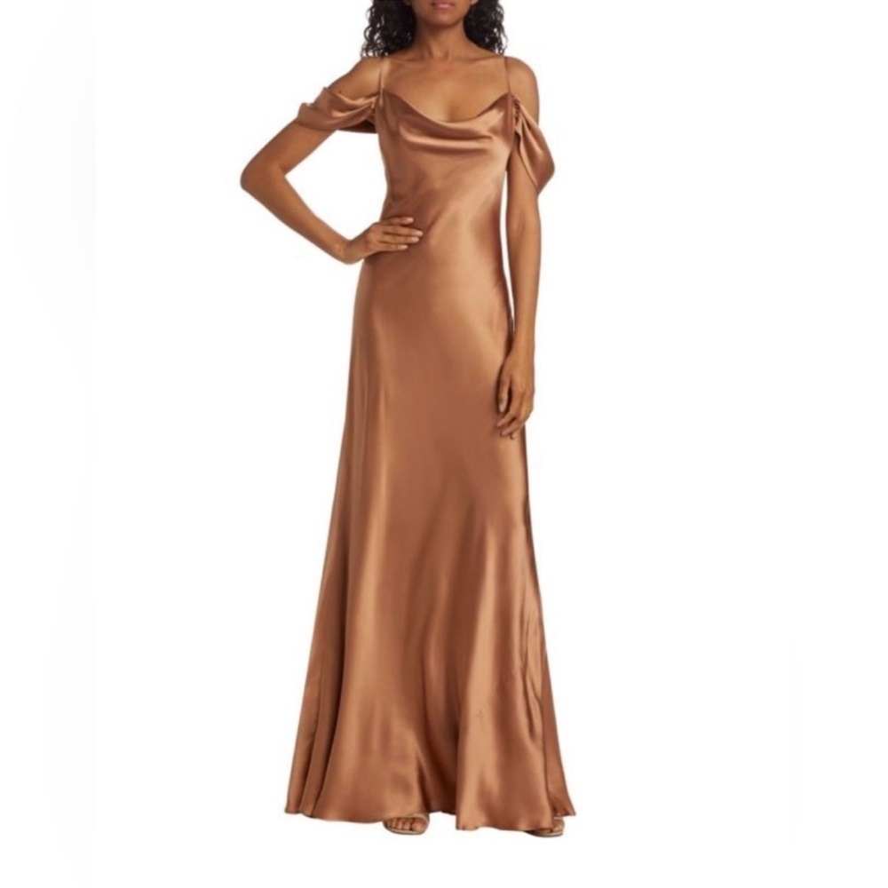 L’agence Kenna Cold Shoulder off shoulder Silk Maxi Gown champagne silk soft tan